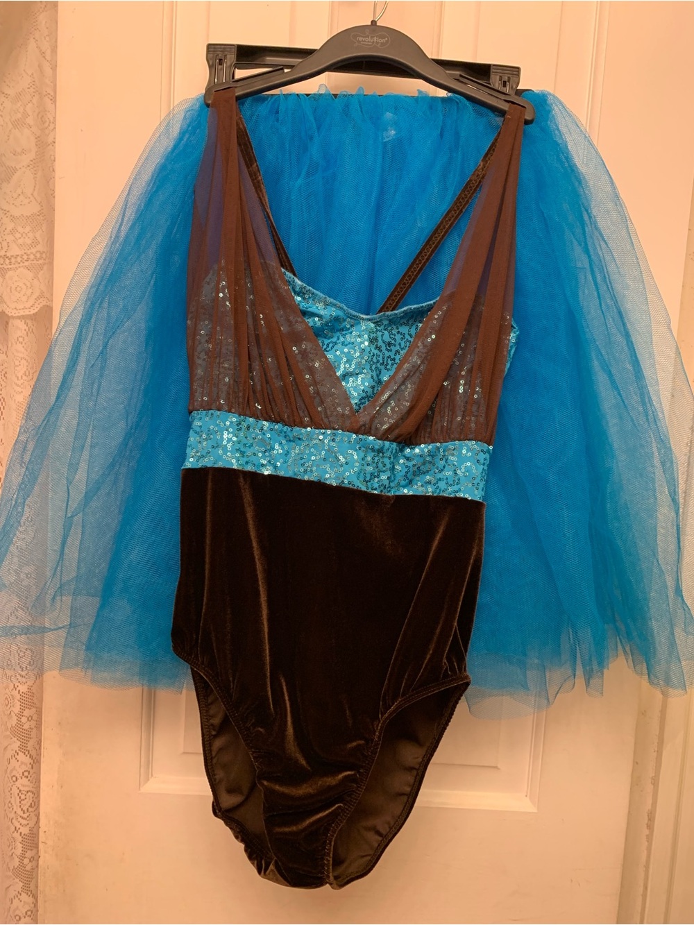 Blue Sequined & Chocolate brown velvet Tutu Leotard - Medium Adult Costume